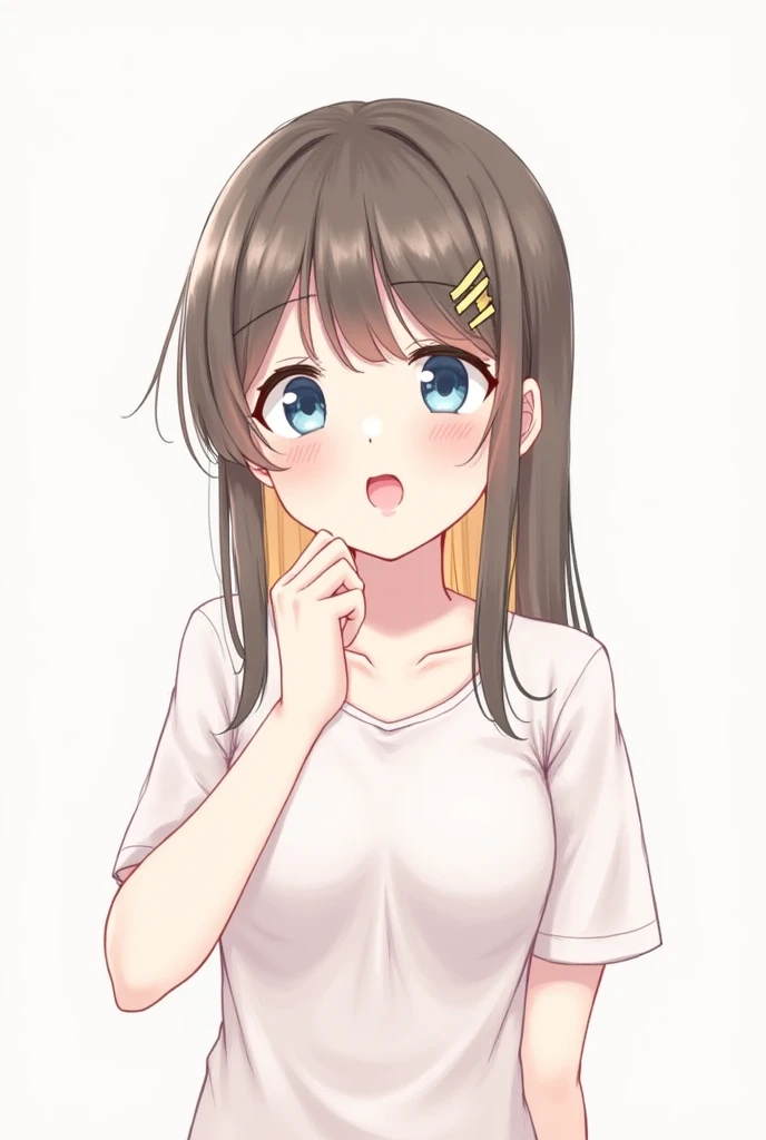 20-year-old women、Baby Face、I Cup、smile、White T-shirt、Embarrassed、Brown Hair、No background、Background white