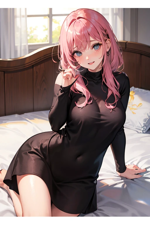 masterpiece, (intricate details), (colorful), cinematic lighting, bust shot, extremely detailed CG unity 8k wallpaper, solo, 1girl, haruno sakura, forehead mark, red hairband, sexy pose, hand on chest,  cleavage, navel,  looking at viewer,  medium breasts, bed, indoor, window, pillow, lying, lying on bed, white long night dress, long dress, ((black stocking)),