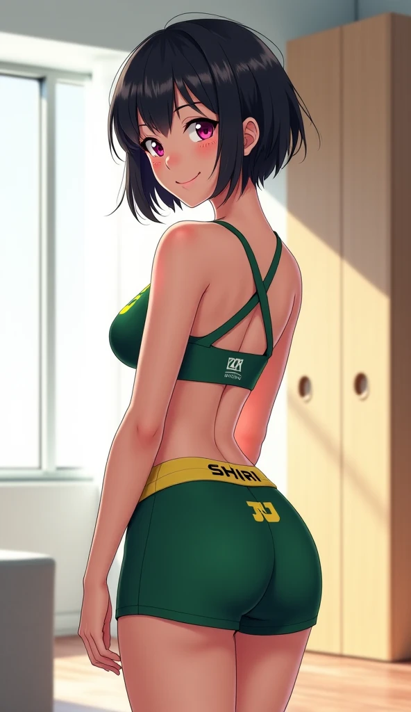 belos olhos detalhados, beautiful detailed lips, Rosto extremamente detalhado, long eyelashes, cintura perfeita, rosto deslumbrante, coxas grossas, Looking at the Viewer, from behind, round buttocks, corpo sedutor, olhos cor-de-rosa, Estilo Overwatch, cores vibrantes, studio lighting