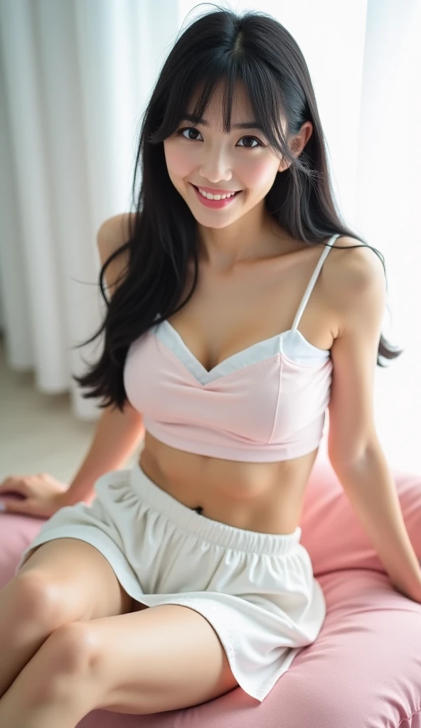 Girl with tight pink shorts, just a very transparent bra, smiling and showing her tongue, short black hair, green eyes, sitting on the bed, with her legs open and her hands on her breasts