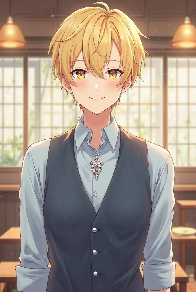 little boy, short blonde hair, high ponytail, Orange Eyes, Smile, Aristocrat's shirt, Shorts, Masterpiece, hiquality