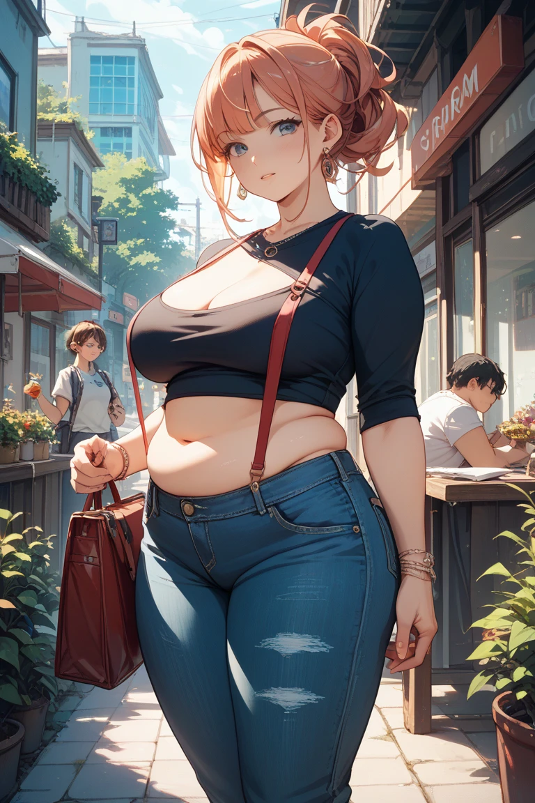 1girl, natural lighting, masterpiece, highly detailed, illustration, game CG, absurdres, high quality, redhead, green eyes, freckles, glossy lips, blush, ponytail, medium breasts, short shorts, city street, sandals, sleeveless top, cleavage, crowd, shoulder bag