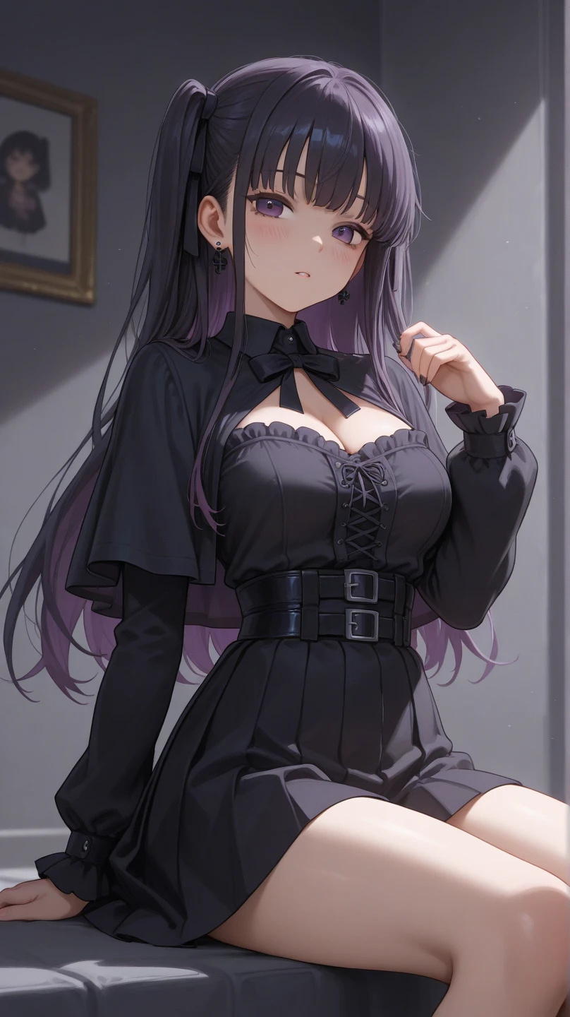 young girl, long dark purple or black hair, violet eyes, Black Rich Closed Clothing, Masterpiece, hiquality, high detail, HD, 4k