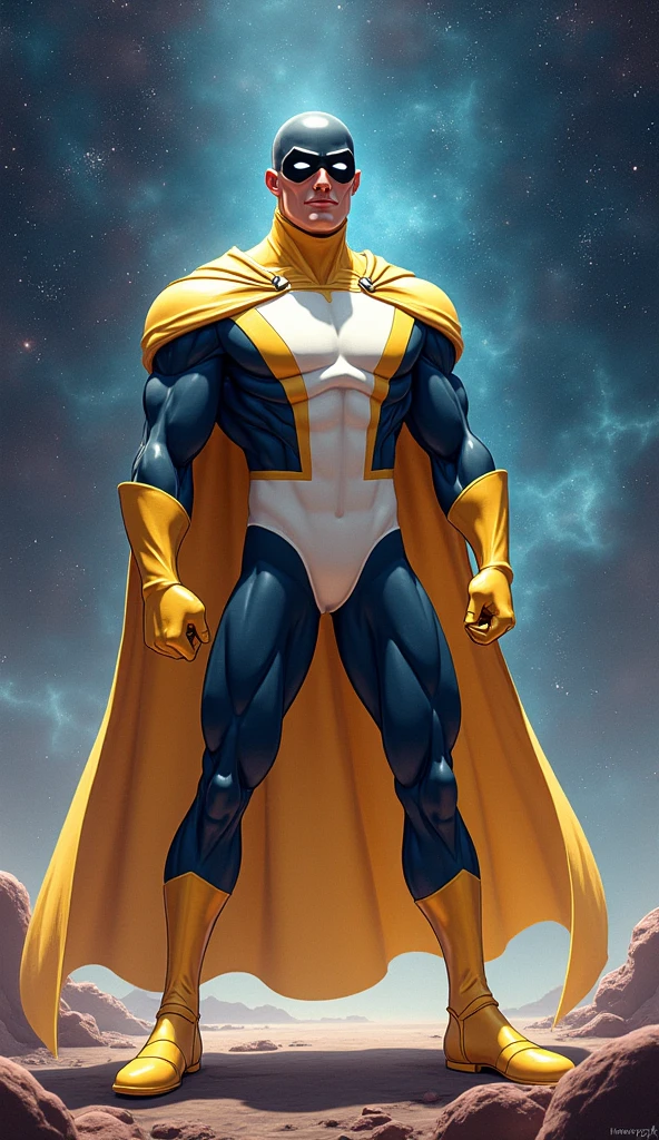 Fais moi l’image d’un super hero homme styler et badasse une peu dessin animer mais très styler et badasse avec une cape noir, un costume bleu et jaune , a blue mask that takes up half of his face but does not take his ears , That we see his black hair , Put your hands with white gloves with powers a bit of a hero who controls time and that you can see him on his hands with powers related to time on his hands, met lui des petit mais pas trop bracelets noirs sur les 2 poignet , and put a big clock behind him in the shape of a lightning bolt