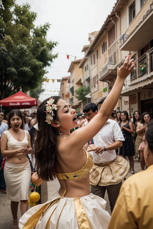 Tomatina Festival in Buñol, Spain, chaotic street scene filled with participants throwing ripe tomatoes, sea of red pulp and juice covering everything, an anime girl is excited with crowd in white t-shirts and shorts now stained red, slippery cobblestone streets, historic buildings with protective plastic coverings, large trucks loaded with tomatoes, people sliding and splashing in tomato puddles, goggles and swimming caps for protection, joyful expressions and laughter, Spanish flags hanging from balconies, spectators cheering from windows above, sun shining through mist of tomato juice, dynamic action shots of tomatoes mid-flight, mix of locals and tourists joining the fray, palpable atmosphere of fun and festivity, hyper-detailed realistic style capturing the messy textures and vivid red hues