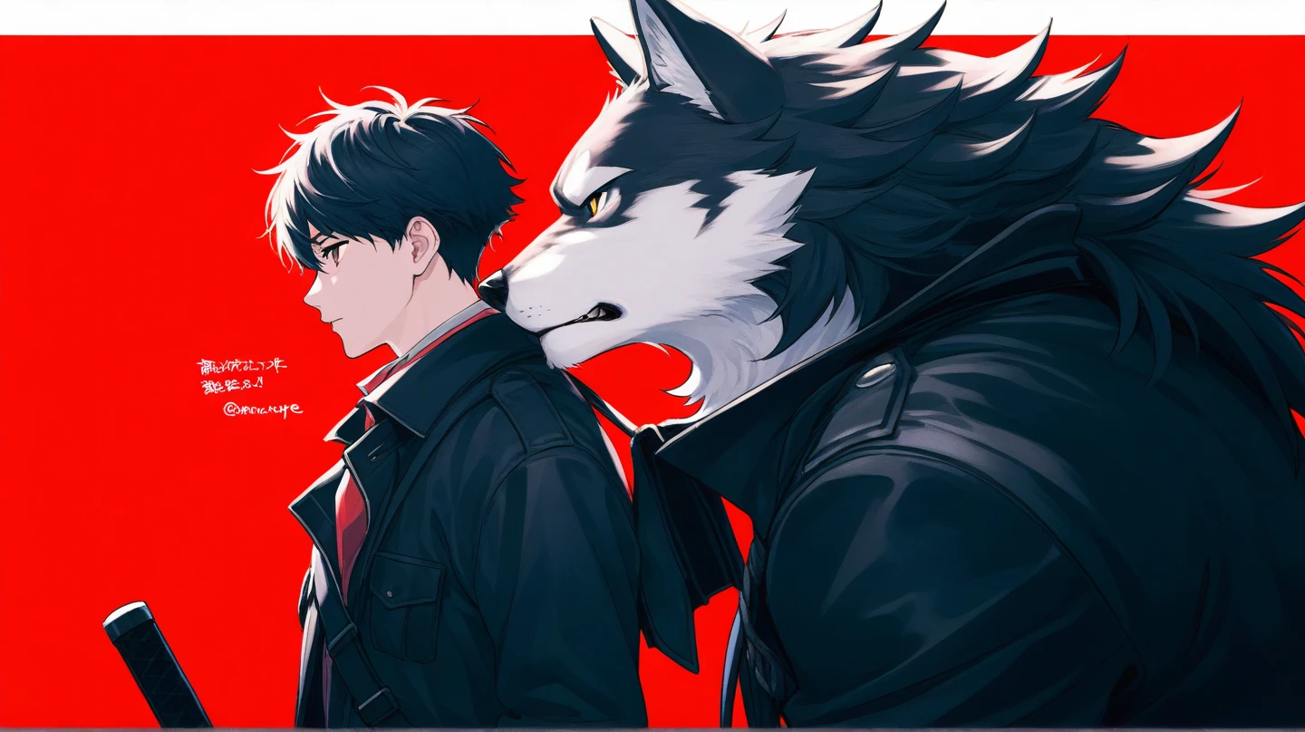 masterpiece, best quality, ultra-detailed, texture, detail eyes,8k, 1boy, Megumi a man in a black coat and black pants, black default_outfit , blood on his body, blood on chest, blood on face , blue eyes, doing a fighting stance, white wolf in the background, looking at viewer, detailed eyes, detailed face, (masterpiece:1.4),(best quality:1.4),(shiny skin),realistic, bright, neon lights, night, midnight, city, cyberpunk, light , <lora:megumi:0.8>