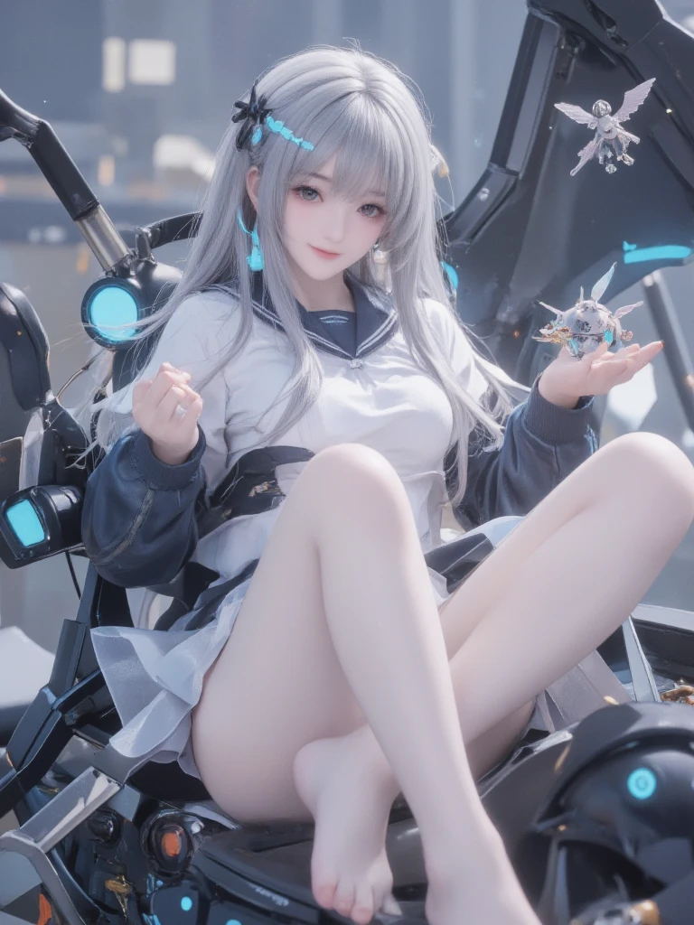 1 girl, solo, Himari, Blue Archive, straight long silver hair, gorgeous deep blue eyes, oversized white sweater with hoodie, black knee high socks, ultra detailed, best quality, highest resolution