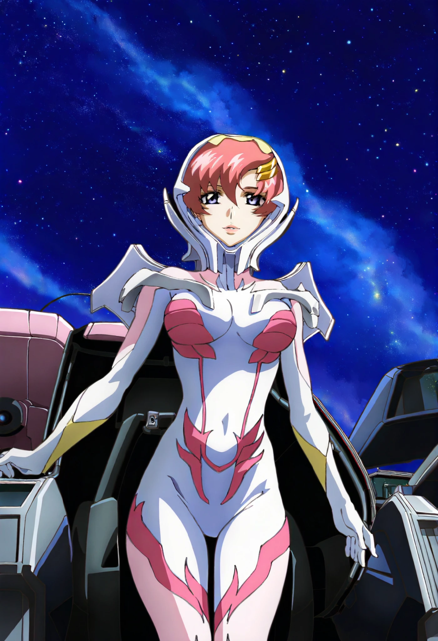 masterpiece,best quality,lacus_c, 1girl, anime coloring, solo, short hair, pink hair, hair ornament,lacus helmet, hair between eyes, purple eyes, lipstick, lacus pilot suit, pink, , light smile, parted lips ,cockpit, window, space, starry sky,    