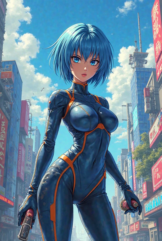 (((Adult Woman))), ((Best Quality)), ((masutepiece)), Genesis evangelion neon style clothing, bobhair, Perfect proportions, Crysisnanosuit, Blue hair, Blue eyes, Hyper Realistic