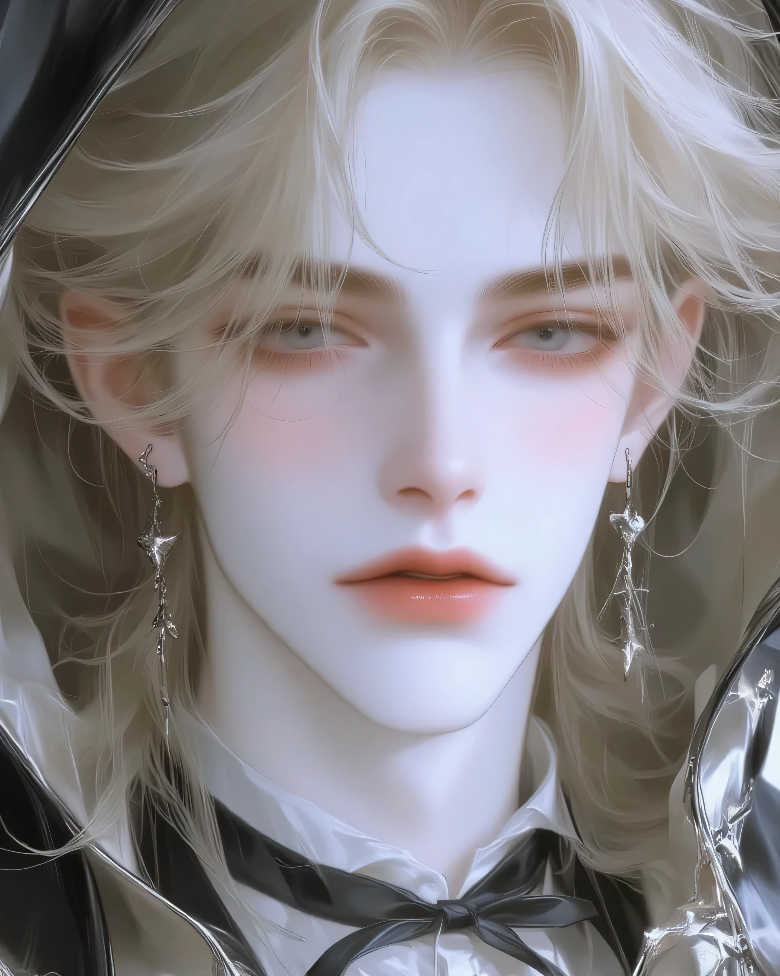 1 , blonde and wavy hair, Long hair, light blue eyes, rubor, POV, Riso, shy, corado, Suit, delicate features, hoop earrings, Hood down