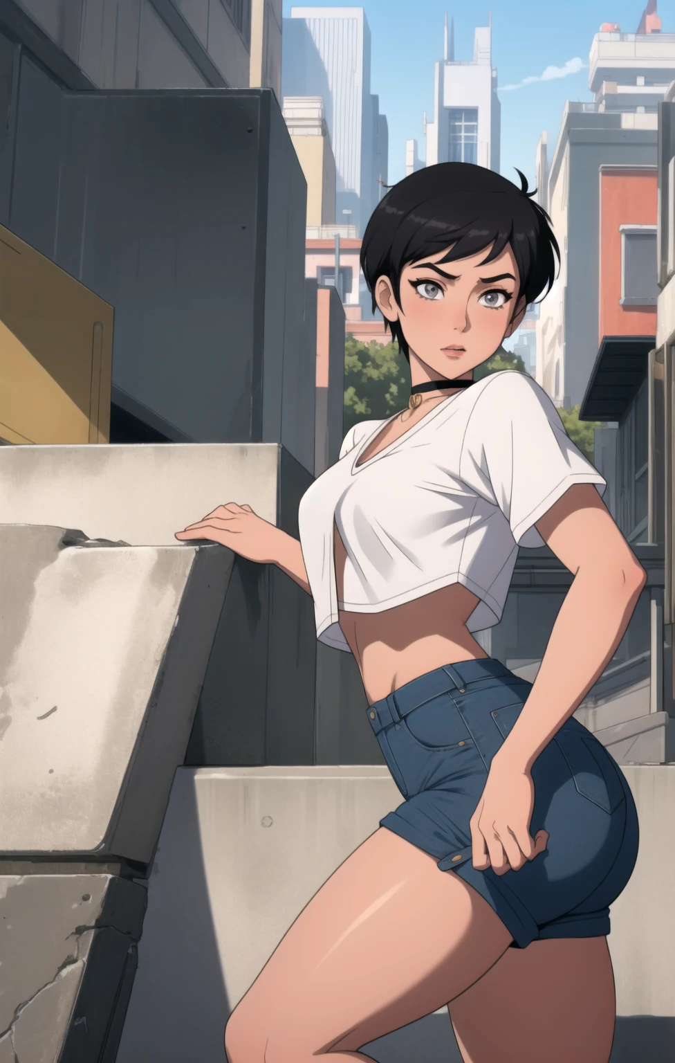 masterpiece,detailed eyes,ultra detailed,best quality, cowboy shot, elegant, looking at viewer, 1girl, female, solo, smile, <lora:videl_v3:0.8>, videl1,short hair, black hair, blue eyes, no top clothes, breasts out ,shorts, black shorts, bicycle shorts, gloves, black gloves, fingerless gloves, city scenery, day time,((cameltoe)),pussy,hot girl,nfsw,sitting, sensual pose,(cum),nipples