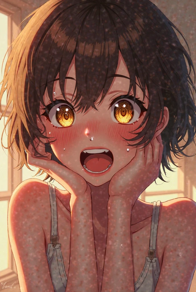 Ochako uraraka boku no hero, view from below, hips view, anime art style, brown short hair, large eyes, busty body, cute chubby, exposed body, exposed breasts, nsfw, lewd, full nude, cum on face, cum strings, blush, cinematic lighting, dynamic pose, masterpiece, detailed body, detailed eyes, detailed lips, looking at viewer.