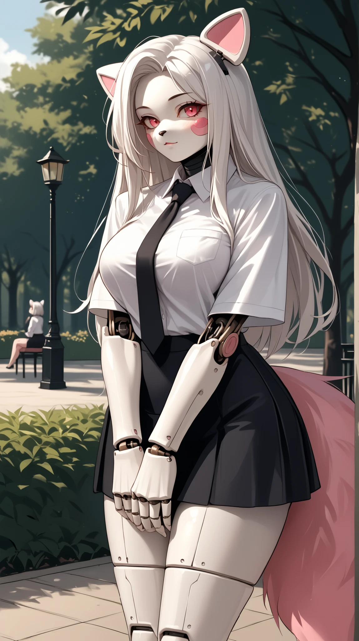 score_9,score_8_up, score_8, source_anime, source_anime, mangleFNIA,1girl,large breasts,solo,long hair,animal ears,tail,white hair,half black hair,furry,furry female,big ass,robot girl,white fur,tail,robot joints,pink fur,park, white shirt, black ties, black skirt