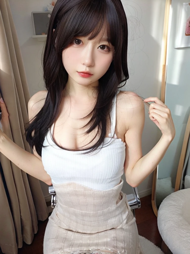 (absurderes, hight resolution, ultra-detailliert), Woman peeing on toilet seat in dark toilet, Put your hands on your knees, Perfect body, Sit with your legs open, looking at from the front,