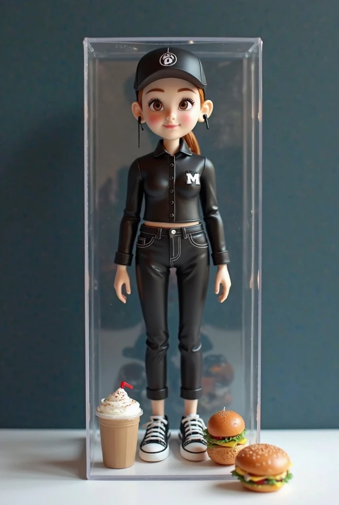 Create a realistic limited edition toy in a minimalist transparent package divided into 2 parts and thin edges of the packaging What a complete labelling With the web address www.miradorlacumbre.com place a tall and thin girl with a white complexion SMILING who will be the restaurant cashier in a tight black button-down blouse with the logo of the image attached to the right side of the blouse, wears totally black tennis shoes and a black cap with the logo, tight black jeans with an intercom at the waist and 1 earpiece in 1 ear place 4 accessories,  1 Hamburger , a cup of coffee, 1 iced coffee WITH ICE IN A TRANSPARENT GLASS TO WEAR AND 1 3D sun, make a dark blue background and a white surface that is under the packaging ADD THE OTHER PAIR OF SHOES AND PLACE 1 SUN-SHAPED TOY