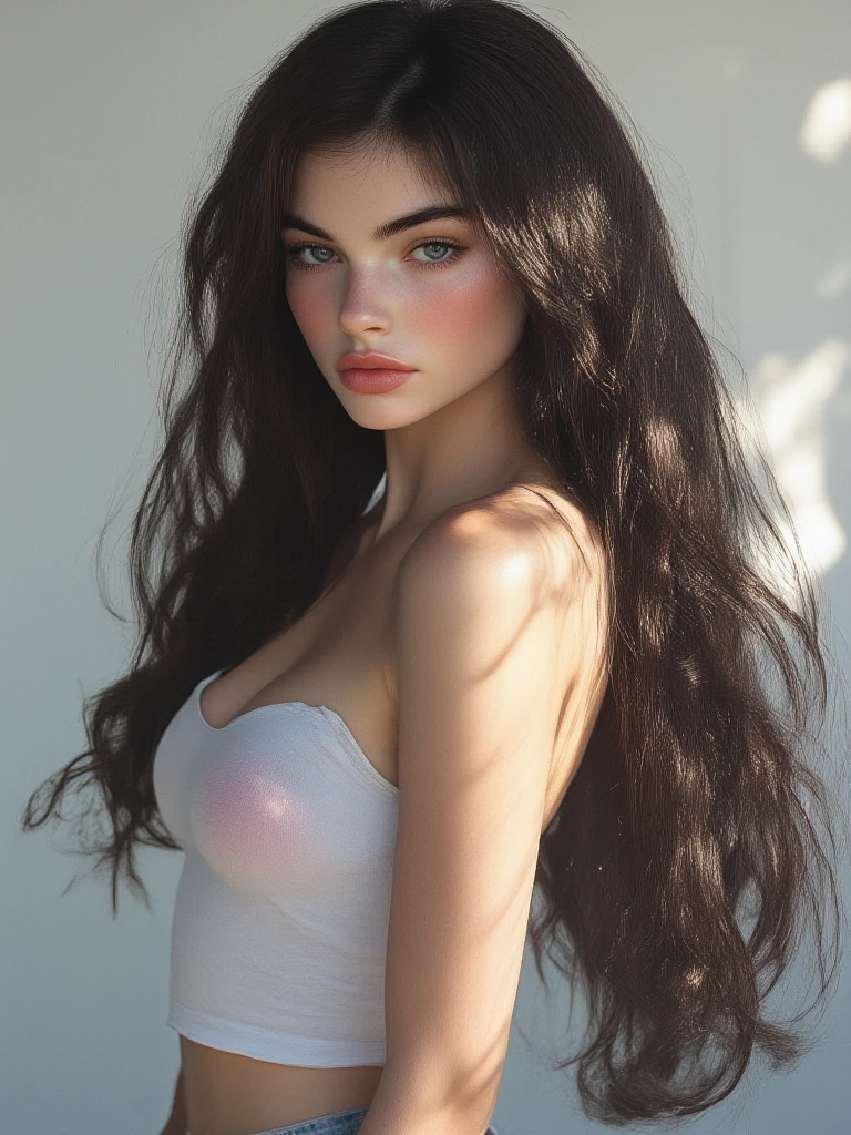 (masterpiece,best quality:1.2),ultra high res,(photorealistic), very long hair, blue eyes, sexy, slim, extremely beautiful eyes, dark eyeliner, mischievous, sultry, round breasts, middle part, white summer dress, black hair, shiny skin, wet clothes, gothgirl, thong, embarassed, calmart