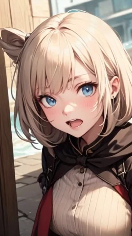 (masterpiece:1.2), (highest quality:1.2), perfect eyes, perfect face, perfect lighting, medieval lake 1 boy,(blonde) (deep red eyes), ((((((hair above one eye,)))))), Braidスタイル, spike hair, dull bangs, (bob hair), (Braid), Ahoge, (nude), cute eyes, medium breast, open mouth, (smile), fang, ((((from above)))), ((From the side)), open mouth, Vivid depiction,dark black knight armor, black robe, skirt, Thighhighs, arms behind back立っている (tooth), ((looking up:1.3))), (face close up:1.4) orgasm, scared, ((((((cum on hair)))))),