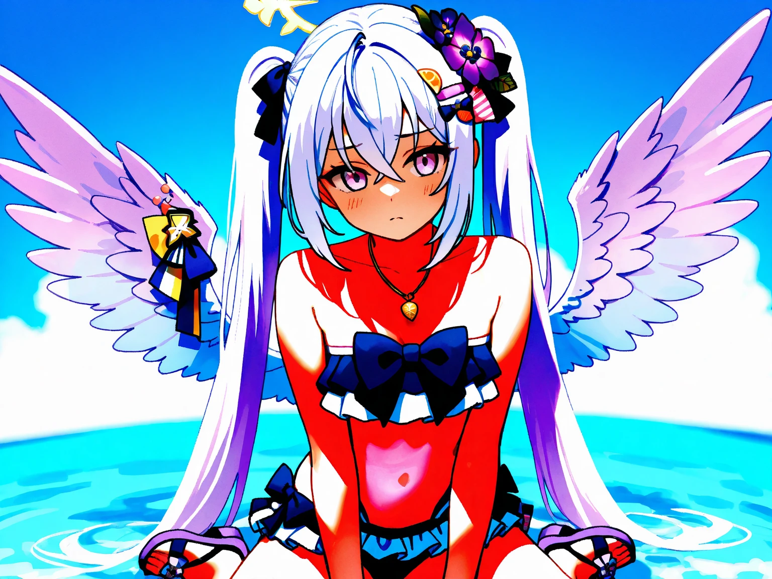 1girl in, missiles_ass hole up, white_hair, Multicolored hair, long hair, very long hair, Multicolored eyes, (Multicolored_Background:1.8), Solo, Smile, Looking at Viewer, cherryblossom, grin, hair between eyes, Dress, Dress, Dress_Shirt, white_Dress, Multicolored_Dress, Bangs, ass hole upper body, album covers