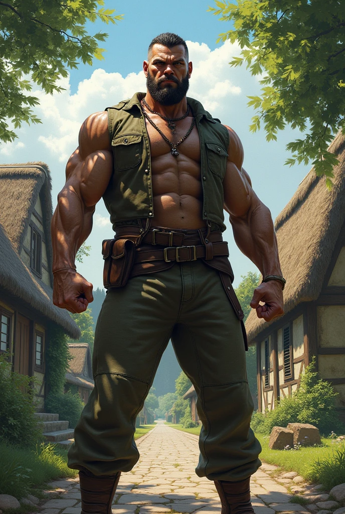 Close up, there's an old man standing, torn combat outfit, assassin outfit, Sexybody, Muscular, veins, anthropomorphic, extra detailed body, detailed body, Best quality, masterpiece, ultra high res,detailed background,realistic, real shadow and light, depth of field, (look at viewer), open mouth, yellow eyes, beard, public hair, body hair, sweaty, huge crotch, with bulge, at abandoned town.