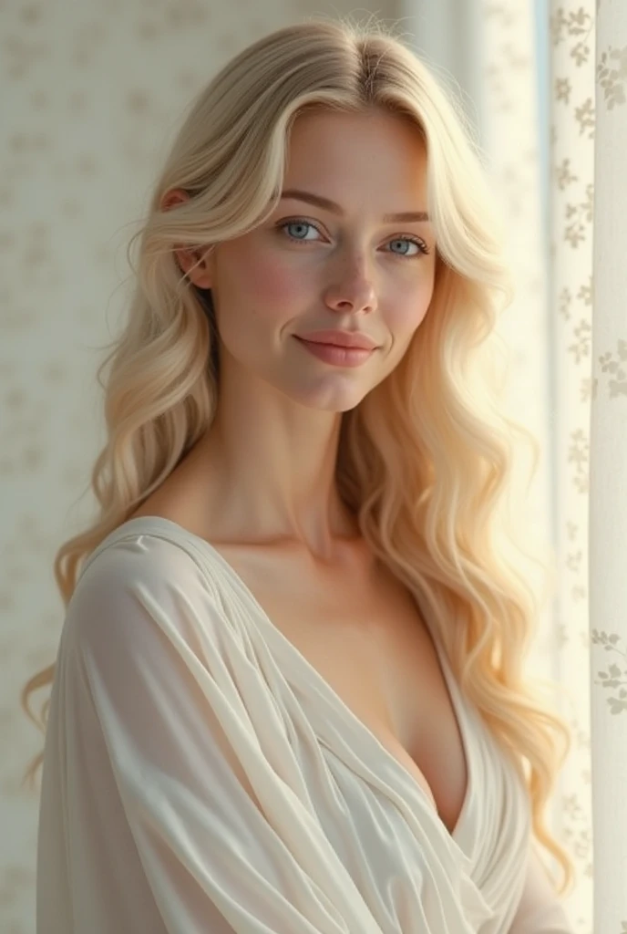 Soft portrait of a beautiful blonde woman, flowing golden hair, captivating blue eyes, delicate features, radiant smile, natural makeup, elegant attire, gentle expression, subtle blush, warm skin tones, ethereal lighting, soft shadows, high-resolution digital painting, realistic style, artistic interpretation, by a skilled portrait artist, ArtStation showcase.