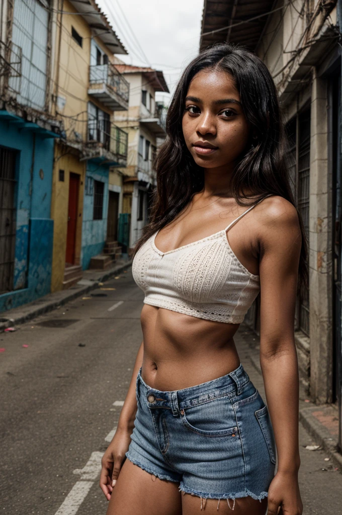 Young black girl, Wearing a small white tank top with a large neckline and jeans, Sentada em um banco, ebony skin, corpo fitness, bela garota, Slim body, tall girl , sfw Gigantic curly hair, Sfw seios gigantescos:1.5, face delicada, long hair, ebano skin, caminhando, muscle body definition,