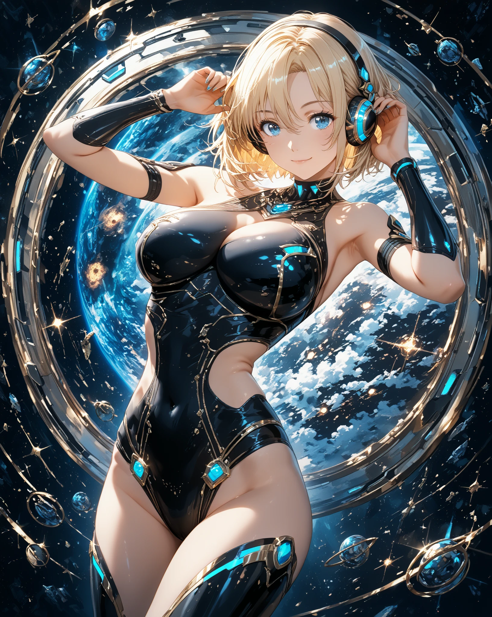 A cyberpunk gamer girl, in a spaceship. Wearing a bikini