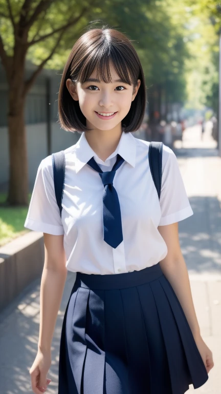 little young girl.................,, in front of the school、Connect to skirt with suspenders、White shirt with long sleeves、Plaid skirt、, , sakimichan,, nice and cute, Innocent smile, , Lovely smile, sakimichan HDRI、 big 、(Beauty Big 1:2) 、 with short bob、Pose cutely , 8 year old , big breasts