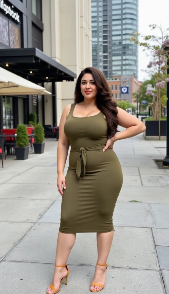 A beautiful and hot almost chubby mature woman.who is wearing a brown dress with sleeves and standing next to the plane door at the airport. A smiling face