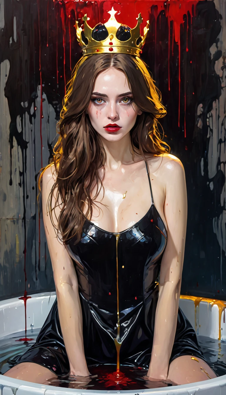 ((best quality: 0.8)), ((masterpiece)), (detailed), 1girl, 17 years,beautiful face, long, brown, wavy hair, short black dress with long sleeves, black and gray striped socks, black boots , passionate lips, light blush, big breasts, beautiful red eyes, fair skin, skull tattoo, beautiful smile. knife in hand, (glowing eyes: 1.4), (blood face) horror, scary folders, basement