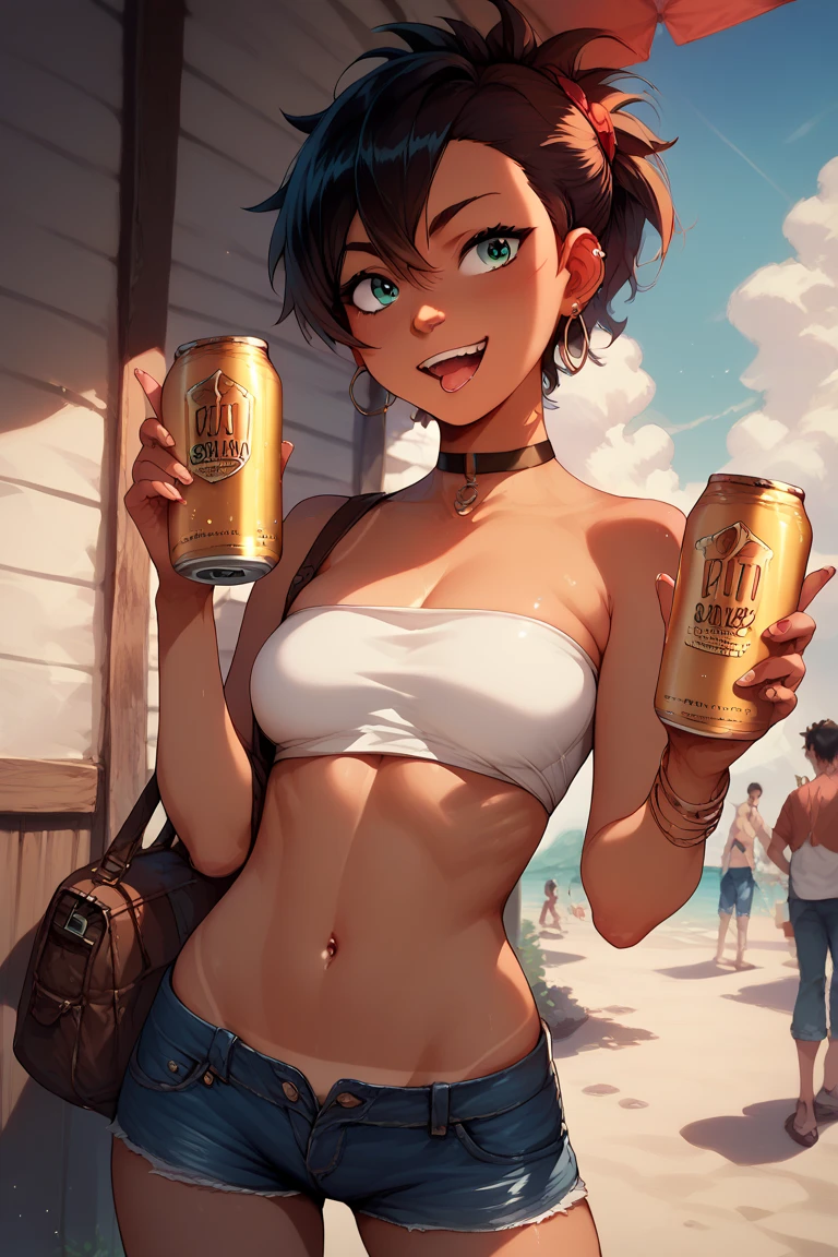 (best quality),(masterpiece),(ultra detailed),masterpiece, best quality, very aesthetic,intricate details,cowboy shot, 1 girl,(realistic clothes 0.1),medium breasts, from front,look at viewer, break,resort beach,crowd, break,finger guns, break,fair skin,barefoot,holding beer mug,smiling, o,break, wearing bikini swim wear,beautiful flower silhouette double exposure projected onto a entire the bikini swimsuit 1.5,