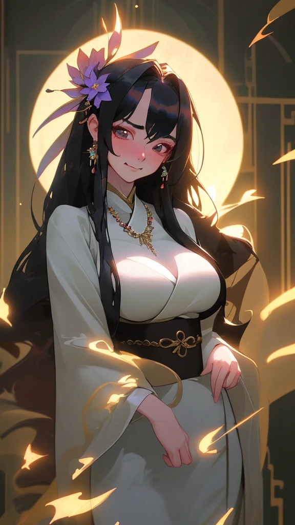 Female with long black straight hair, hairpin, big breasts, cleavage, imperial concubine's clothing, flowery footbed, Chinese palace