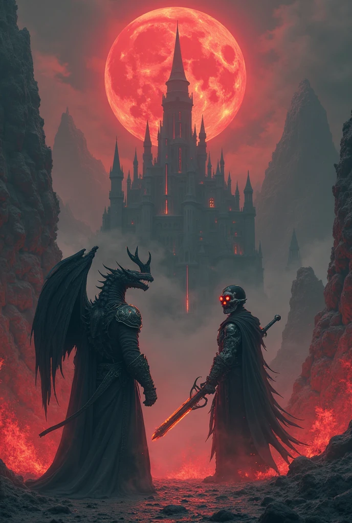 the Human with armor, in front a old church, the dragon with two heads in background, masterpiece, raw image, highly detailed 4k, in Dark Fantasy Style