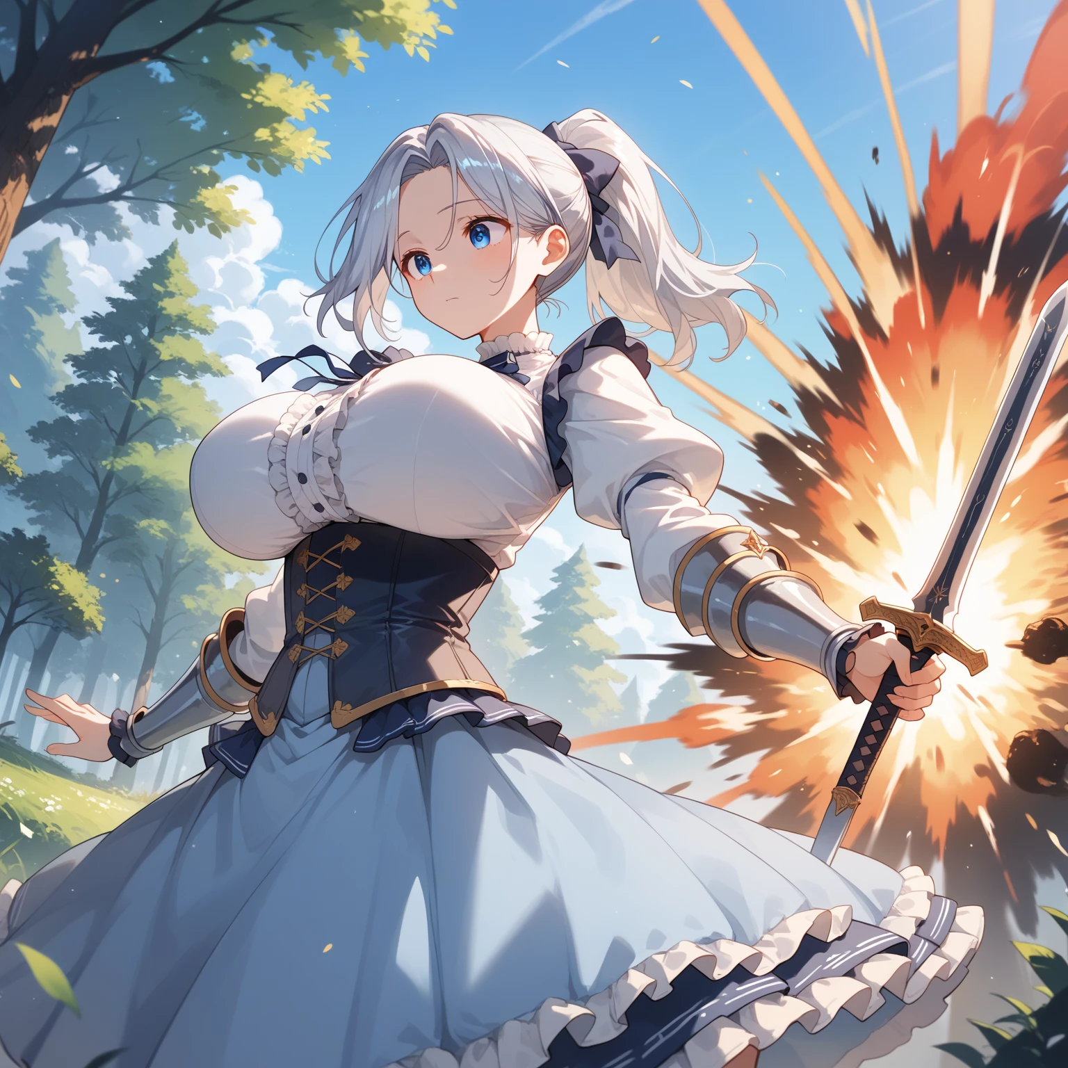 ((masterpiece, Highest quality, High resolution)),8K,One girl,((super fine illustration)),((beautiful detailed eyes,highly detailed skin)),((well endowed,Blessed,Captivating body、Detailed Background)), (holding mace,Combat posture、Ready your weapon、Dynamic composition、Silver braided short bob、Girl with a weapon:1.2)、(Pouting mouth, blush, embarrassed:1.2),
