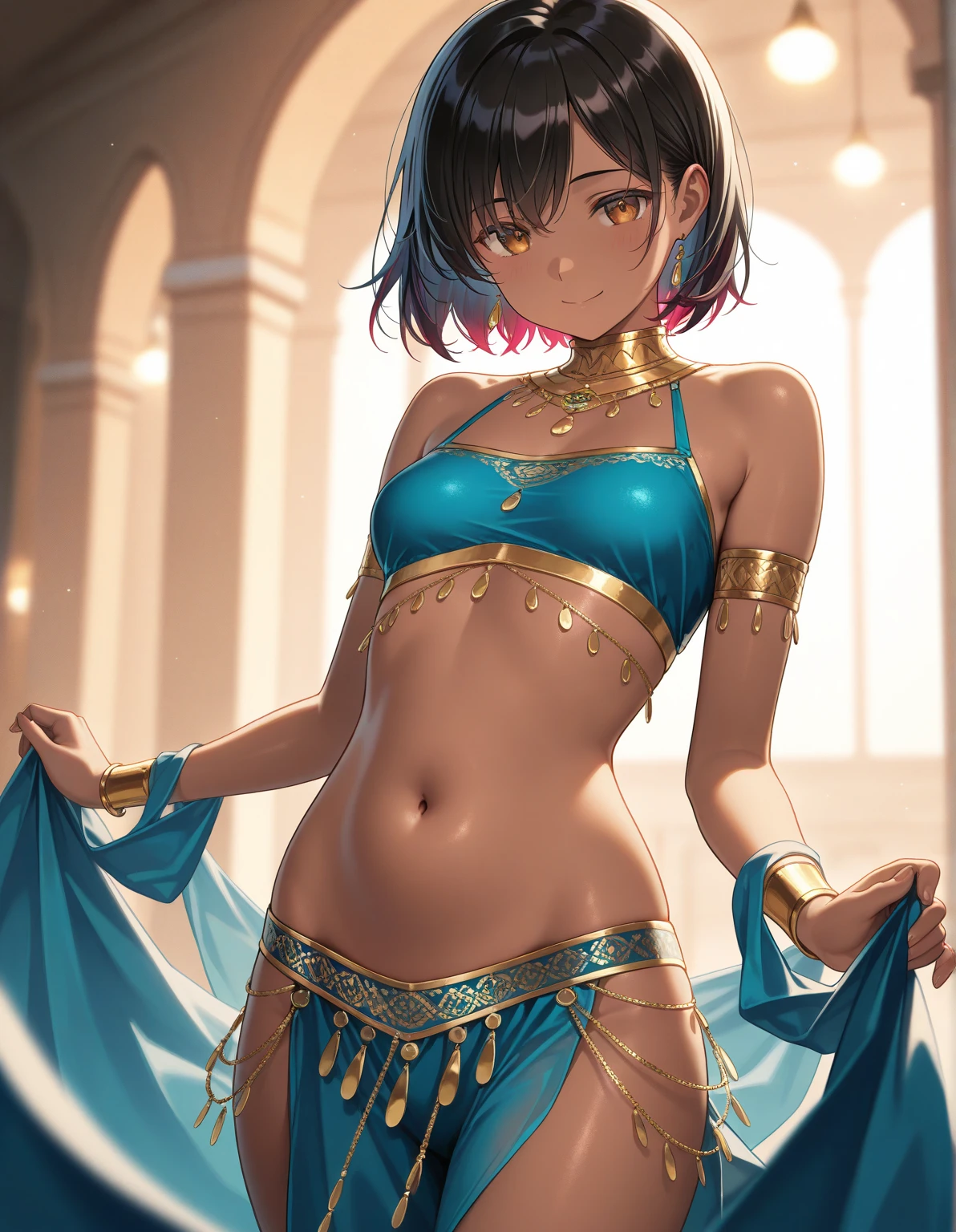 (Masterpiece:1.5), (((High qualityสุด, best quality, High quality))), ((complicated details, very detailed, Crazy details)), height, 32ก, Extremely detailed CG 8K unity wallpaper., (beautiful and beautiful:1.2),, (depth of field:1.3), (Flawless.:1.3), (Delicate depiction of details:1.4),
(((Abundant natural light, Delightful bright colors))), (Ambient volumetric backlight:1.5),  (Illustration of an extremely beautiful young woman:1.3),
(upper body:1.4), (perfect center:1.4), (Natural willow pose:1.5), (((dynamic poses, movie corner))),
(1milf:1.5), (alone:1.4),
beautiful beautiful face, [(detailed face:1.2):0.2], Bright eyes, Pure Rose Face_v1, ulzzang-6500-v1.1,  (gag:1.5), (red lips:1.4), (full lips:1.4), (smile:1.3),
Flawless attractive body, (((The feminine curves are pronounced.))), Skin glows brightly., realistic skin, hair follicles, (((Tightening belly, navel, Groin:1.3))),
(((Golden thread flutters.))), (Fringed tassels:1.3), (Tight long sleeves:1.4), (Single neck), (The invention shines.:1.5),(Strapless Thai dress with no straps:1.3),(Show your breasts,The crevice is clear.), (Elegant and intricate clothing accessories:1.5), (Embroidery work decorated with gems:1.4), (sparkling clothes:1.4), (sparkling particles:1.3), (((The front seam is sagging., Sagging back seam))), (((earring, armband, Hair clips, hair accessories))), (Stand alone in a magical outdoor garden decorated with gems and colorful exotic flowers and shrubs.:1.5), (Outside the great ancient palace:1.5), (((full body))),(((ขับnavel,List of dances,Thai Dance)))
