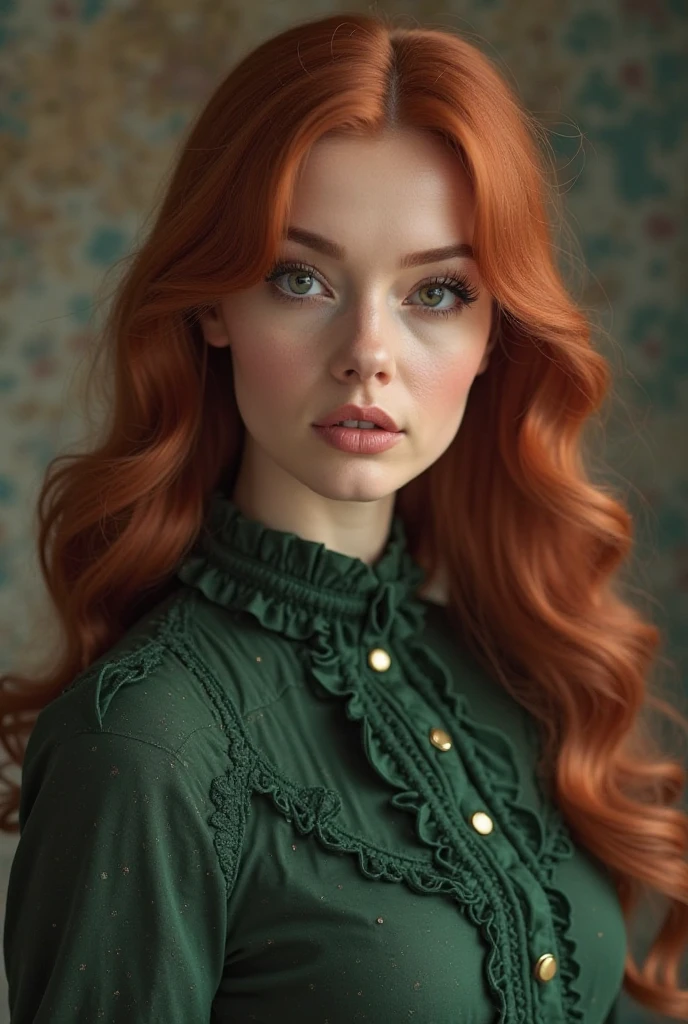 (8k, RAW photo, highest quality),(epic realistic:1.5), a girl, dynamic posture,erotic face, blouse,(detailed eyes:0.8),(looking at the camera:1.4), (highest quality), (best shadow),intricate details,cinematic,((skin:1.4)),interior, (long flowing ginger hair:1.3),dark studio,(hdr:1.5),detailed, muted colors, freckles, silver necklace, silver earring, wavy hairstyles