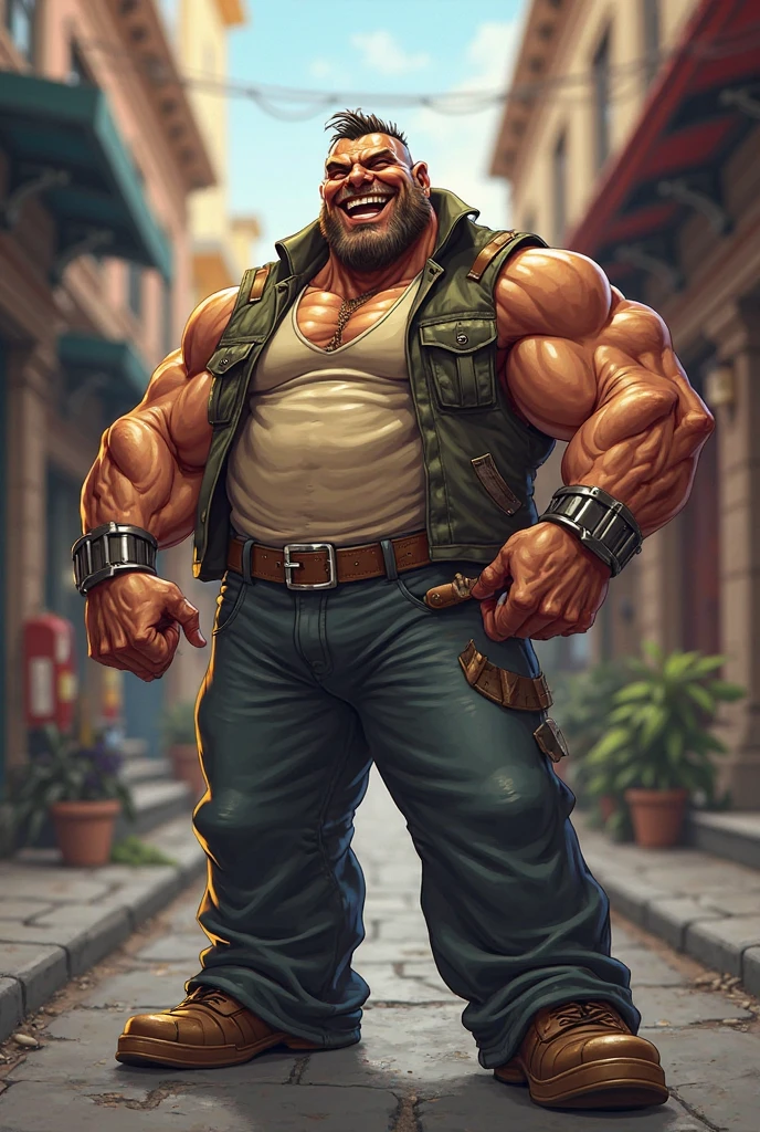 Create this image in cartoon realistic art
Second Thief (Overconfident) – A muscular man with a broad chest, wearing a vest and loose pants, often laughing arrogantly.
