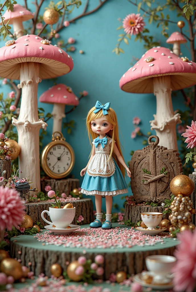 In the whimsical world of Alice in Wonderland of Sweets, a young girl dressed in a blue and white checkered dress with a matching bow in her hair explores a surreal landscape of towering candy canes, floating marshmallows, and bubbling rivers of chocolate. Her blonde curls bounce as she skips through the lollipop forest, her eyes wide with wonder and curiosity. The sun casts warm, golden rays through the colorful candy clouds, illuminating the detailed and intricate sweets that populate the fantasy realm.

This 3D, ultra-realistic illustration invites you to step into the captivating world of Alice in Wonder
