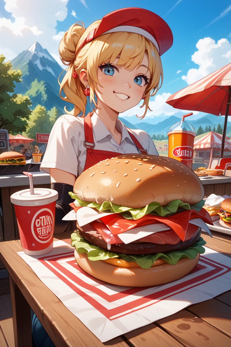1 Beleza，olhos grandes lacrimejantes，Sit facing the camera, (Your mouth is swollen full of burgers), long eyeslashes，saia curta，Blushlush，Cabelo preto perm, em loja de fast food, (Holding a hamburger steak in his mouth with a big smile), Polvilhe com ketchup em grandes quantidades, Uma grande quantidade de ketchup pinga no decote, Spilled food waste