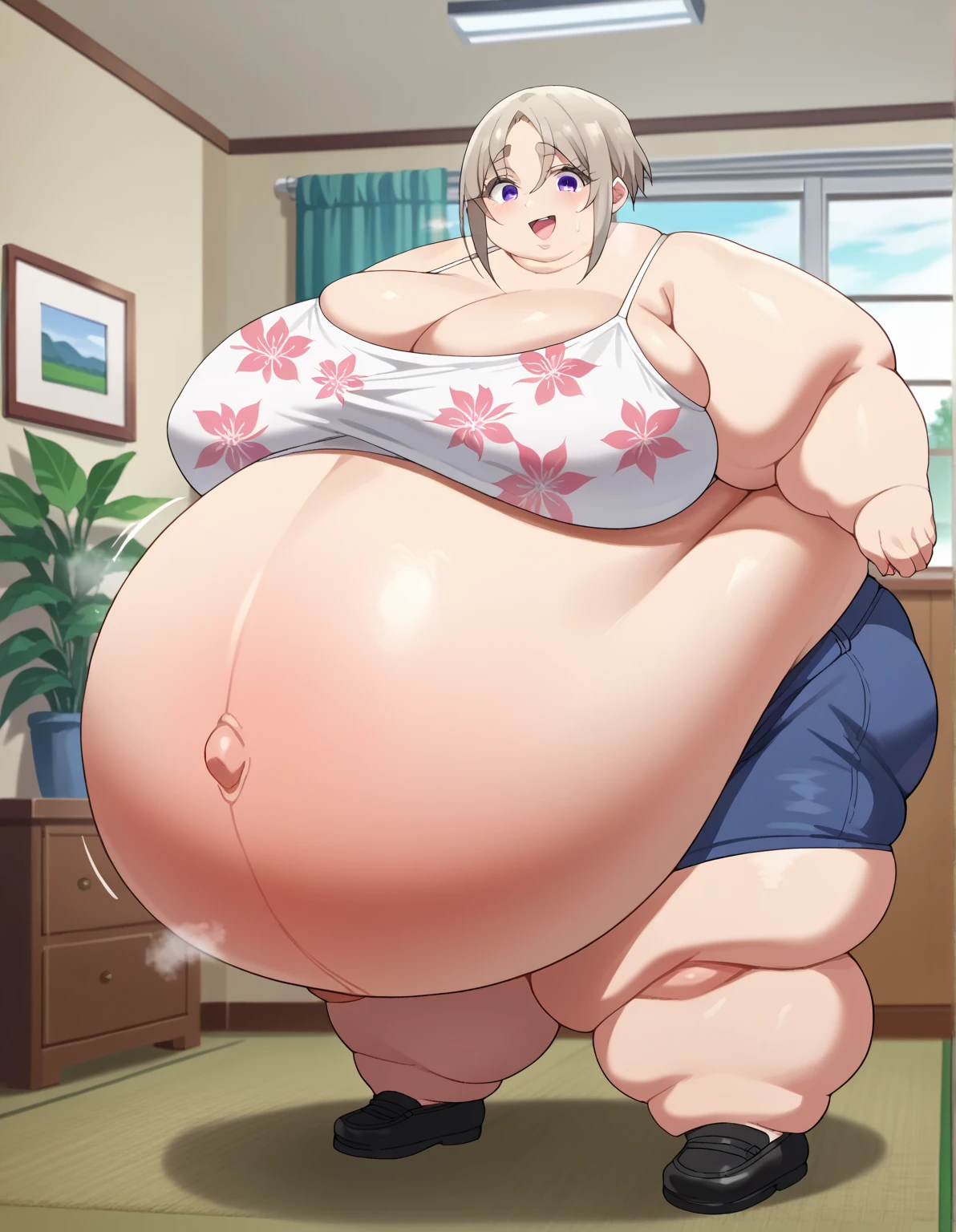 Big butt anime girl sitting on bed wearing white sports bra, thick, She has a plump, round belly, , Chubby-chan, thickボディ, tits, big thighs, muscular!, tits proportions, muscular!!, big belly, big cheeks, Beautiful anime girl squatting, thick build, Full body close-up shot,A shy look,high resolution,blushed