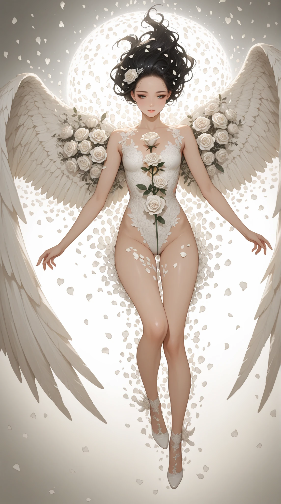 score_9, score_8_up, score_7_up, 1girl, Angel, slender body, wings, no pubic hair, small breasts, elegant, long legs, standing gracefully, in a garden, shot from above, golden skin, halo
