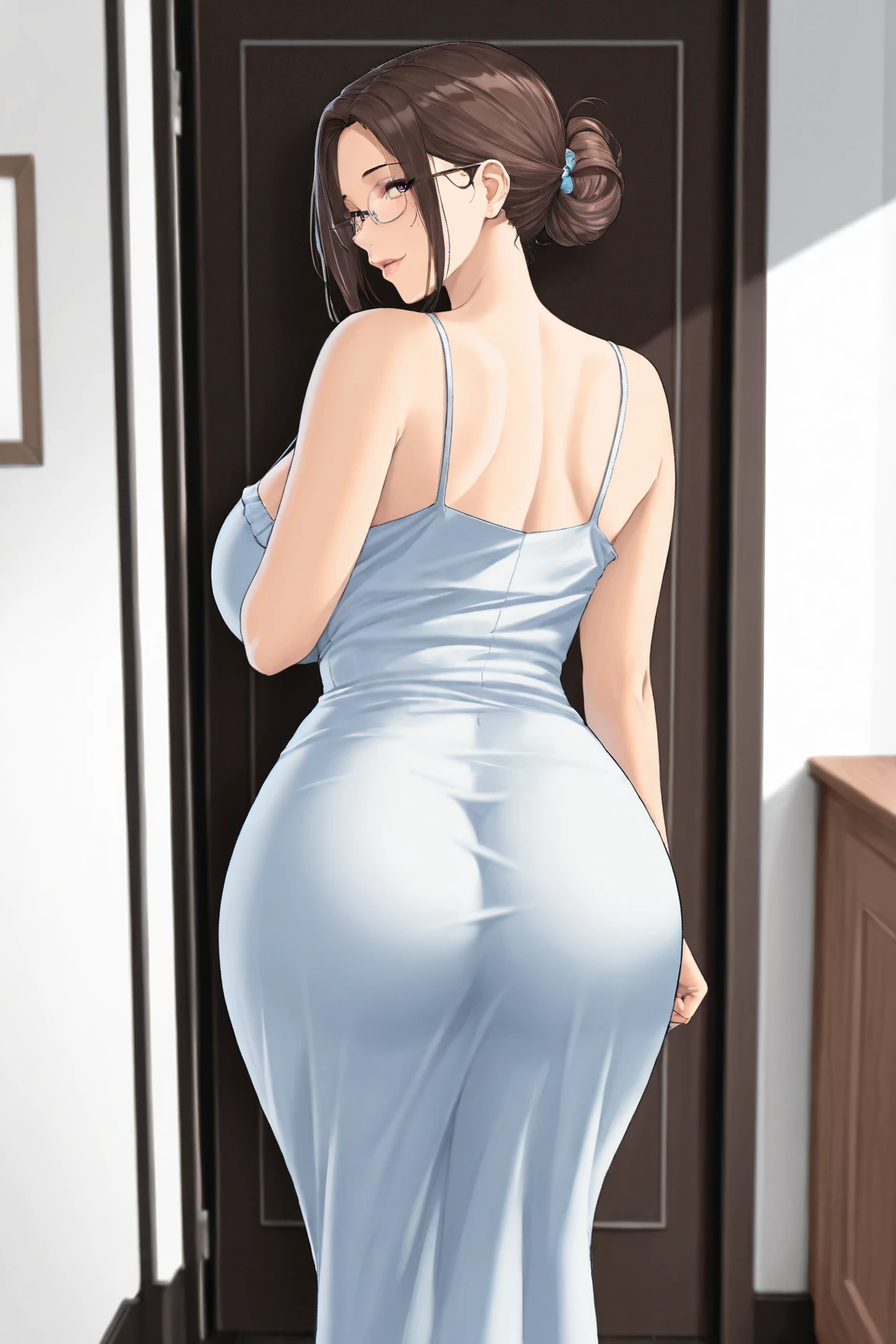 (score_9,score_8_up,score_7_up,score_6_up,score_5_up,score_4_up),masterpiece, top quality, best quality, official art, beautiful and aesthetic, animation, , 1female, solo, women, mature figure, (black hair:1.2), golden pendant earrings, golden hair pin, male pov, bedroom, sunny, women seduce men, (white tight dress:1.5), women are charming and charming, women caress the back of men's hands ,