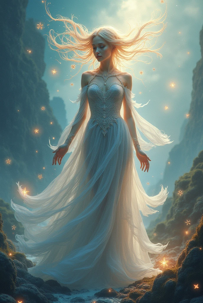 Girl in a white dress with golden sparkles , radiant cosmic background of colorful light full peace and cosmic light healing of the Chactas , space of light mystical crystals spirituality 