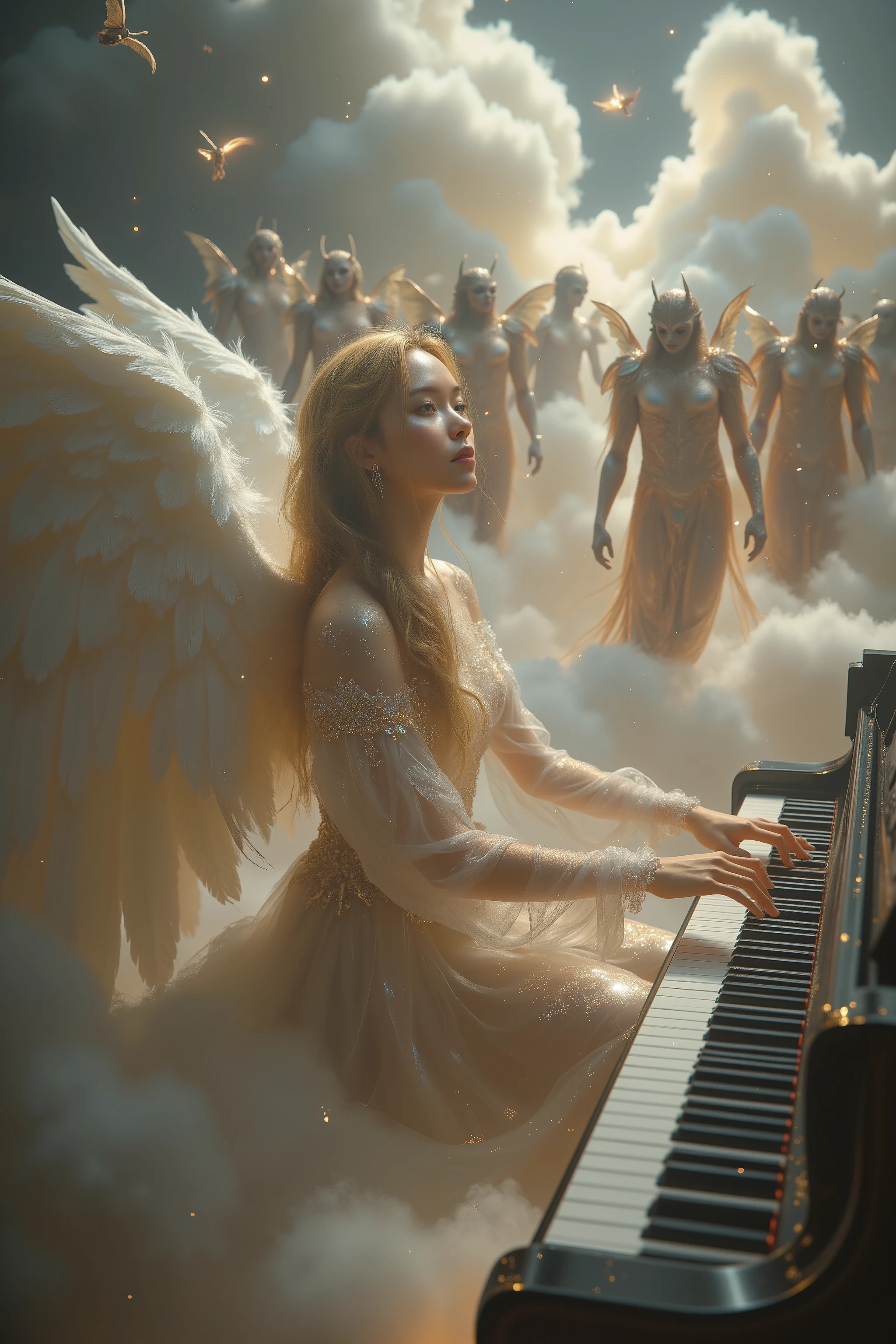 a dramatic, high-contrast cinematographic photograph of a real, ethereal asian female being , keys with porcelain skin and loose golden hair, sitting elegantly on a large piano adorned, with her slender fingers on the, surrounded by a gathering of , Two Legions of Angels and Demons, angels with iridescent wings and demon beings with gargoyle wings, both legions dressed in shimmering celebratory outfits, against a background of soft, feathery clouds and in parts of the environment spectral fog, } capturing a moment of heavenly music and harmony in a surreal atmosphere and dreamy, evoking a sense of reverence and enchantment, as if they were contemplating a divine vision.