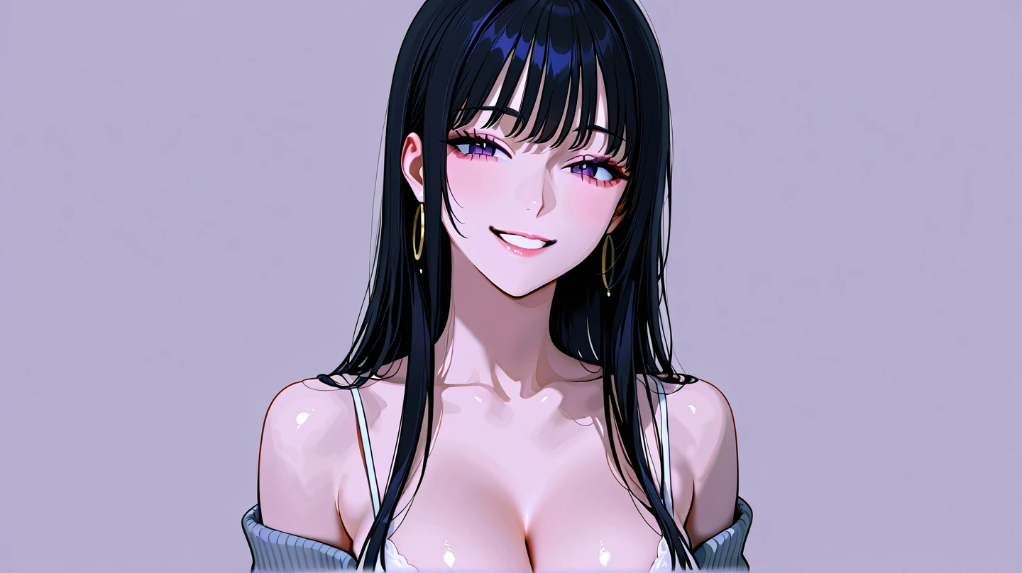 (best quality:1.4), (ultra highres:1.2), (8k, RAW photo:1.2), manhwa-artstyle, 1girl, solo, long hair, looking at viewer, smile, black hair, bare shoulders, purple eyes, upper body, floral bikini, Perfect Hands, ponytail, hoops earrings,floral garment ,flower earrings,floral bracelet and floral headbands,big breasts 