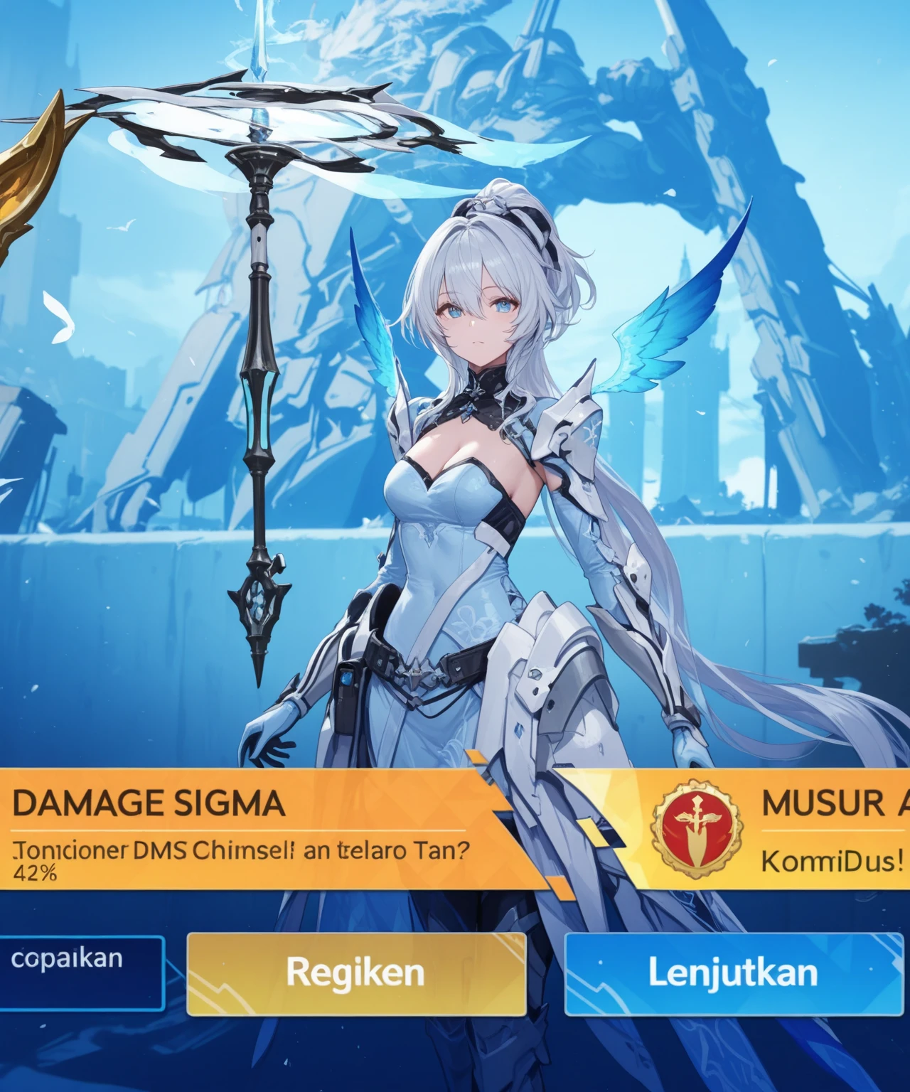 have a blue hair and little pink hair, shes mermaid, have a mecha style , baground have a water element, with trisula pink and shes Nyi roro kidul