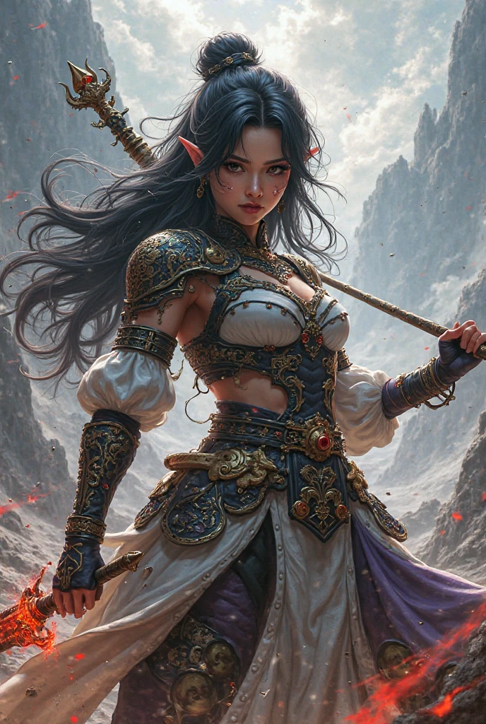 :A fairy oriental fairy with long hair
flying, holding a Chinese sword, (macro sword) iscasting magic, the ultimate flow of colorful
miasma around the sword body, evtreme flowx,snow hyper-realistic,-nji 5--ar 9:16#古风# --auto