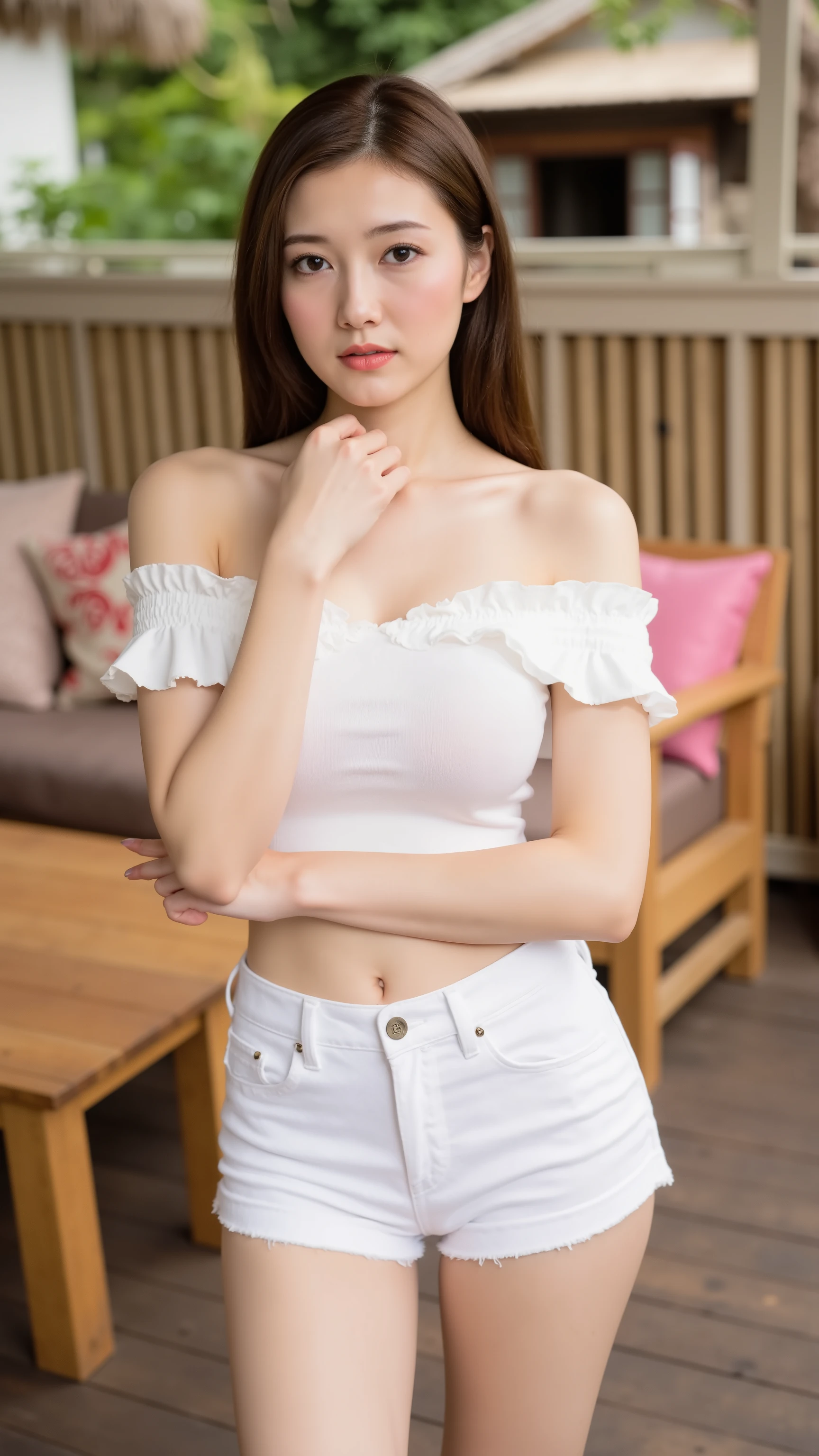 A stunning Russian young woman with long, straight brown hair standing on a cozy outdoor wooden deck with colorful cushions behind her. She wears a stylish white off-shoulder crop top with ruffled edges and high-waisted white denim shorts.(seductive:1.ensual:1.4),(slender,skinny,slim body)(large breasts:1.he has a gentle expression, her hand resting near her lips, and her gaze is soft and natural. The background features a rustic wooden fence and tropical-style thatched roofs, creating a relaxing and warm atmosphere. The lighting is soft and natural, enhancing the serene and cozy vibe of the scene.(looking at viewer:1.4)(full-size photograph)(8K ultra-HD)(Hyper-realistic),Close-Up,