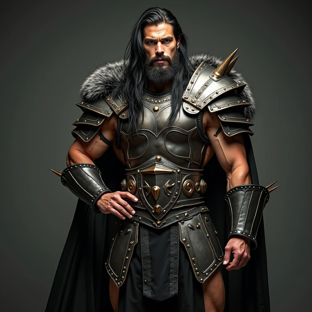 1 black man, with long hair and a beard that walks with chains and armor