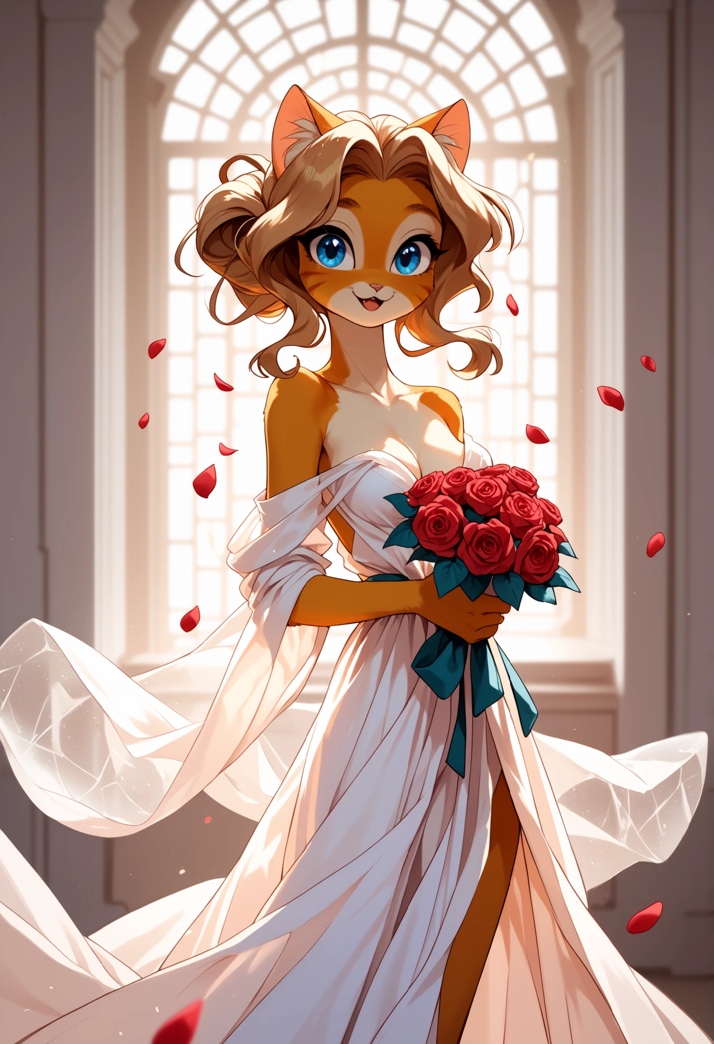 Shattered blooms + soft-focus glow, cute anthro cat girl with long blond hair and blue eyes, light colored fur, medium breasts, skinny, wearing long loose flowing robes, sheer robes, holding a bouquet of roses, rose petals falling, happy