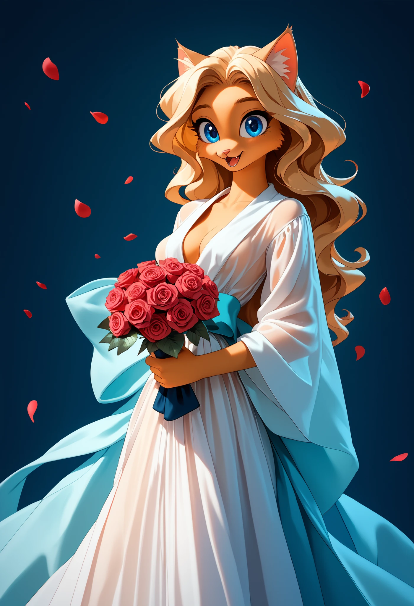 Shattered blooms + soft-focus glow, cute anthro cat girl with long blond hair and blue eyes, light colored fur, medium breasts, skinny, wearing long loose flowing robes, sheer robes, holding a bouquet of roses, rose petals falling, happy